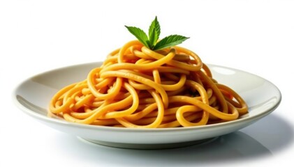 Close up of stir-fried noodles, white background, broccoli, chicken