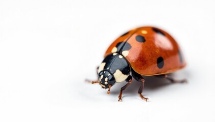 Fototapeta premium Close-up of a single ladybug on white background, isolated, macro photography