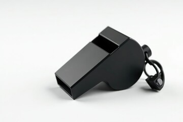 Classic black plastic whistle, close-up detail, stark white backdrop , tool, minimalistic