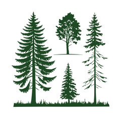 Obraz premium A set of stylized evergreen tree silhouettes, each with a unique shape and outline, arranged in two rows of five trees. The trees are solid green with no outlines or details, on a white background.
