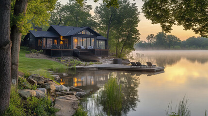 Obraz premium Lakefront rental with small dock at sunrise, surrounded by mist and nature beauty