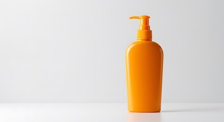 Bright orange pump bottle against a white backdrop, evokes cleanliness and protection for skincare routines.