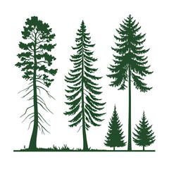 Obraz premium A set of stylized evergreen tree silhouettes, each with a unique shape and outline, arranged in two rows of five trees. The trees are solid green with no outlines or details, on a white background.