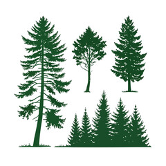 Obraz premium A set of stylized evergreen tree silhouettes, each with a unique shape and outline, arranged in two rows of five trees. The trees are solid green with no outlines or details, on a white background.