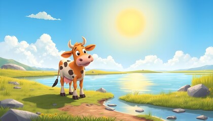 Cartoon Cow Standing by Peaceful Lake in Sunny Countryside