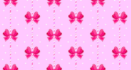 Coquette pink bow seamless pattern with candy cane sticks and cute small hearts. Valentines day background