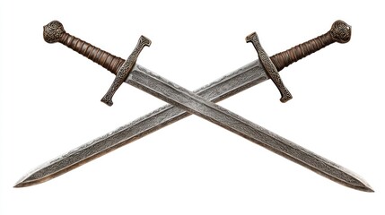 Obraz premium Pair of crossed medieval swords with detailed guards on white background.