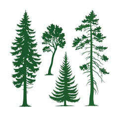Obraz premium A set of stylized evergreen tree silhouettes, each with a unique shape and outline, arranged in two rows of five trees. The trees are solid green with no outlines or details, on a white background.