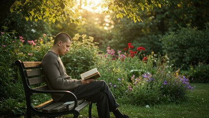 Man reading a book on a park bench, relaxing