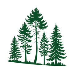Fototapeta premium A set of stylized evergreen tree silhouettes, each with a unique shape and outline, arranged in two rows of five trees. The trees are solid green with no outlines or details, on a white background.