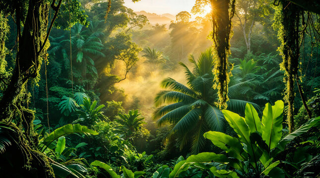 Vibrant Tropical Jungle Landscape at Sunrise in Southeast Asia
