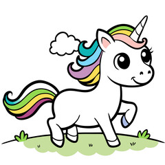 Sticker design of  chibi unicorn with a flowing rainbow mane