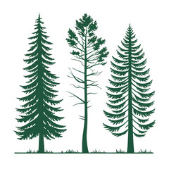Obraz premium A set of stylized evergreen tree silhouettes, each with a unique shape and outline, arranged in two rows of five trees. The trees are solid green with no outlines or details, on a white background.