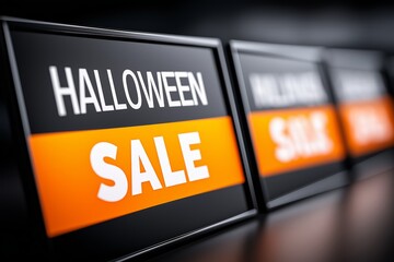 Halloween sale signs promoting discounts at a retail store in the weeks leading up to the holiday season. Colorful signs advertising a Halloween sale are prominently displayed
