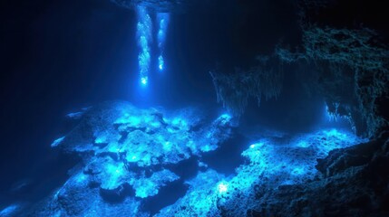 Obraz premium Mysterious underwater blue illuminated formations are seen from below
