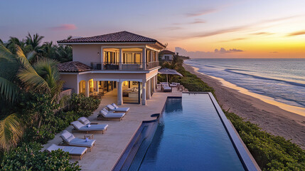 Fototapeta premium Luxurious beachfront villa with infinity pool at sunset, offering serene coastal views