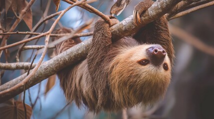 Three-Toed Sloth Upside Down, Hanging from Bare Branch, Close-Up