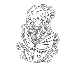 Stylized anatomical skeleton figure with bun hairstyle and jacket concept