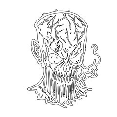 Monochrome depiction of a stylized skull with abstract line work and smoke effect
