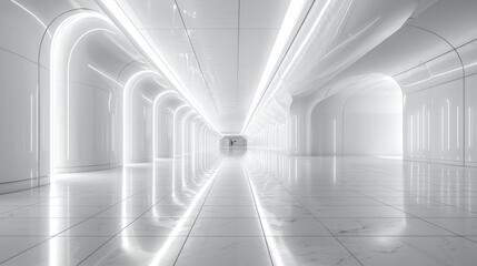 Obraz premium White futuristic corridor with glowing lights and reflective floor creating an abstract space.