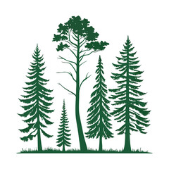 Obraz premium A set of stylized evergreen tree silhouettes, each with a unique shape and outline, arranged in two rows of five trees. The trees are solid green with no outlines or details, on a white background.