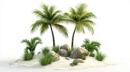 Fototapeta premium Palm tree islands with a mix of sand, rocks, and grass on white background.