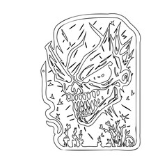 Stylized monochrome depiction showcasing a skull emerging from elemental chaos