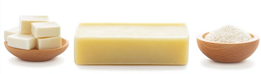 Handmade Soap Ingredients Bar, Cubes and Shredded Coconut in Wooden Bowls, soapmaking , homemade