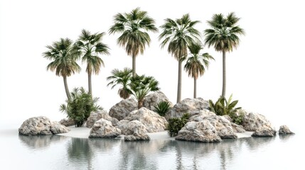 Fototapeta premium Palm-covered islands with rocky foundations surrounded by shallow water on white background.