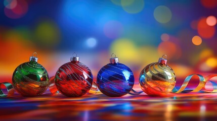 Brightly colored glass Christmas ornaments with flowing ribbons on a colorful background