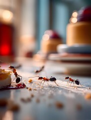Close-up shot of ants marching across a kitchen counter towards a food spill