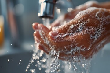 Fototapeta premium Close-up of clean hands being washed under running water in a modern sink