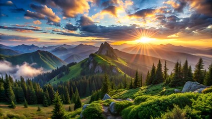 Breathtaking panorama of morning wild nature high in mountains