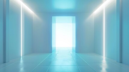 Futuristic blue room modern minimalism light glowing and shine door room corridor wall floor 3d rendering white and empty virtual space.