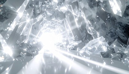 Massive cavern chamber filled with fractured diamond-like crystals, scattered beams of pure white light splintering across mirrored surfaces,