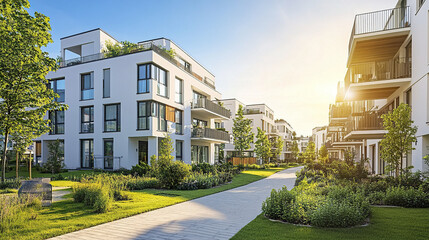 Modern residential buildings with white walls and greenery create serene atmosphere