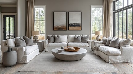 Living room with white sofas pillows rug and artwork neutral color scheme.