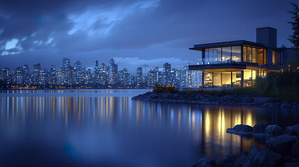 modern luxury home with floor to ceiling glass walls overlooking city skyline at night