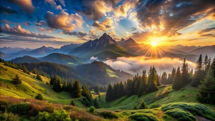 Breathtaking panorama of morning wild nature high in mountains