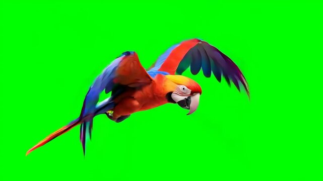 Parrot Flying with Colorful Wings Against Green Screen