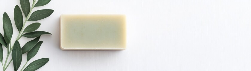 Natural Handmade Soap Bar with Green Leaves on White Background, Skincare , Wellness