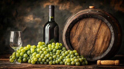 Obraz premium Still life featuring a bottle of wine, grapes, and a wooden barrel
