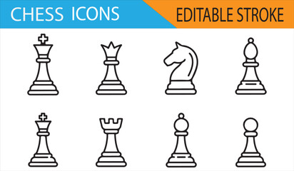 Set of 9 chess piece icons in line art format, ideal for illustrations and game design.