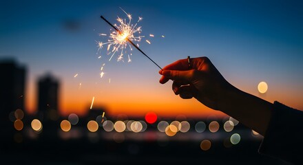 A hand holding a sparkler against a dusky sky, festive lights blurring in the background, creating a celebratory atmosphere.