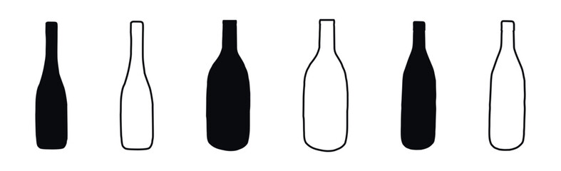 Set of Black outlines and silhouettes of glass Wine Bottles Isolated on White Background. Concept of Alcohol Beverage Icon, Beer Bottles, Minimalist Design, Elegant Drink, Graphic Element for Print