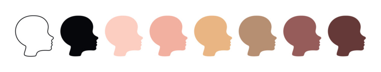 Set of Diverse Human Male Faces in Profile Silhouettes and Outline with Different Skin Tones. Concept of Man, Head, Diversity, Inclusivity, Ethnicity, People. Collection for Design. White background