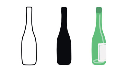 Minimalist Glass Empty Wine Bottle Art in Outline, Silhouette, Colored Styles. Concept of Beverage Packaging, Beer Bottle Design, Simple Art, Modern Graphics. Isolated on White Background. Set