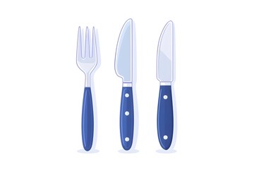 A fork and two knives with dark blue handles, shown against a white background