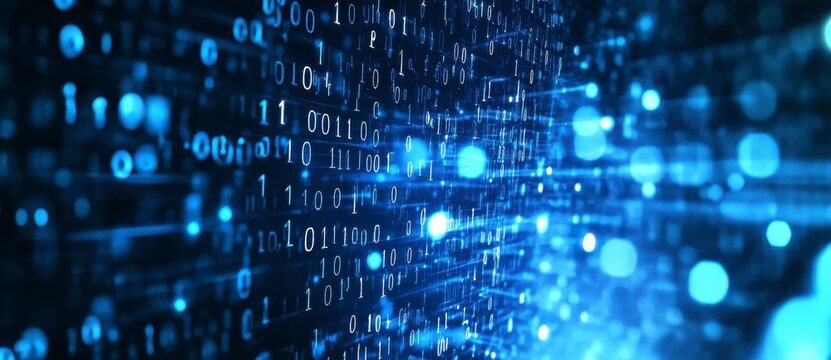 Abstract Blue Digital Data Stream Background with Glowing Numbers and Bokeh