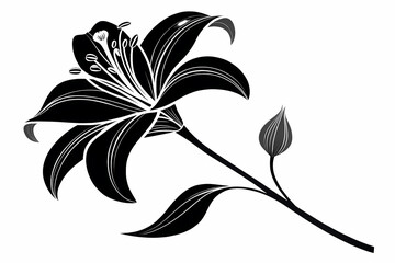 Naklejka premium Elegant Black and White Lily Flower Illustration Botanical Art Print, Floral Design, Monochrome Lily, Silhouette Lily, Nature Art